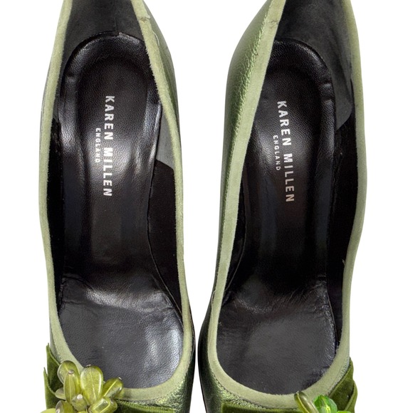 Karen Millen Green Metallic Crocodile Embossed Heels Size 37.5 US 6.5 Velvet Bow - Picture 3 of 11